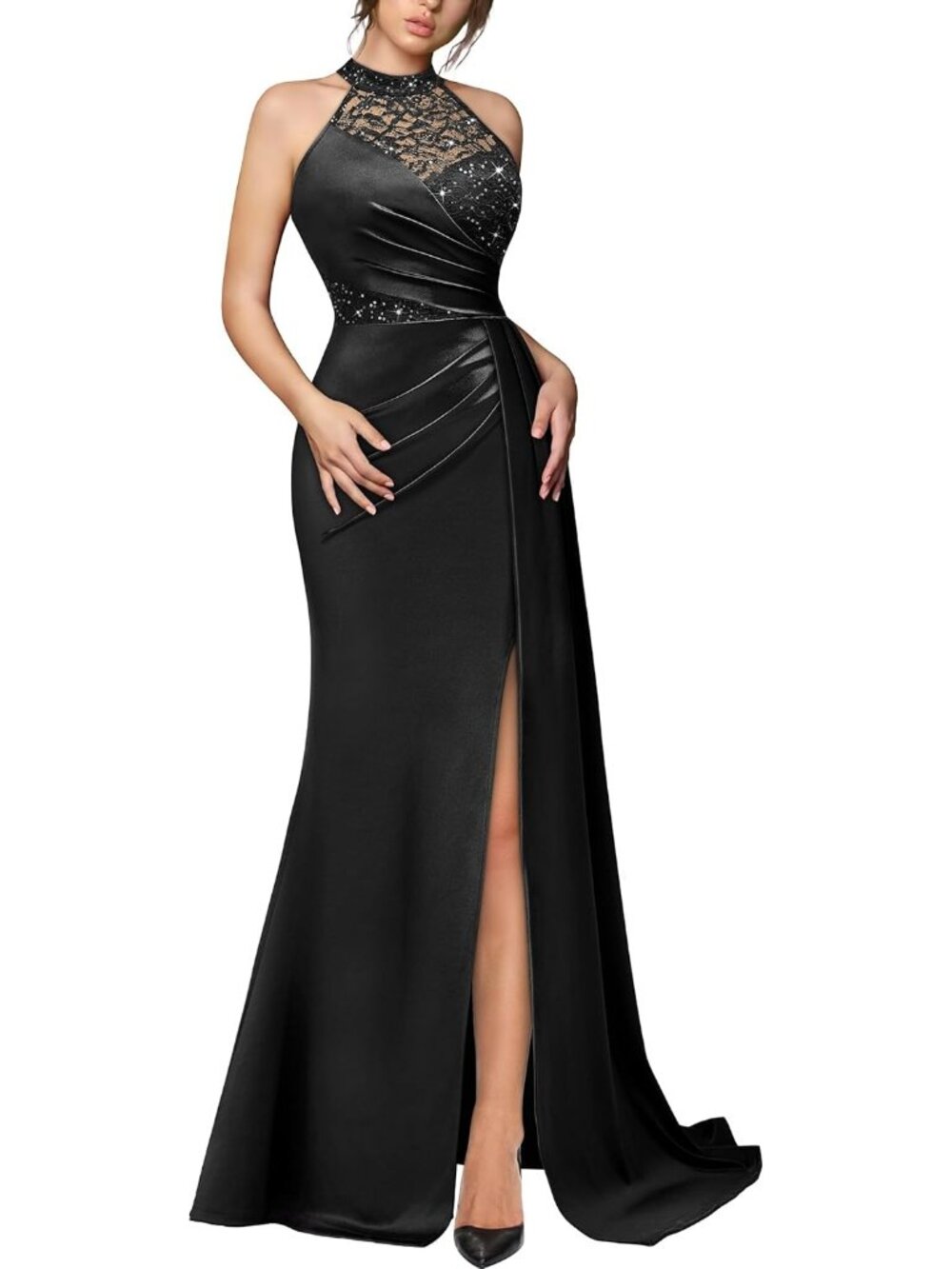 Women's Black Halter Neck Sequin Lace Sleeveless Cocktail Bodycon Maxi Dress